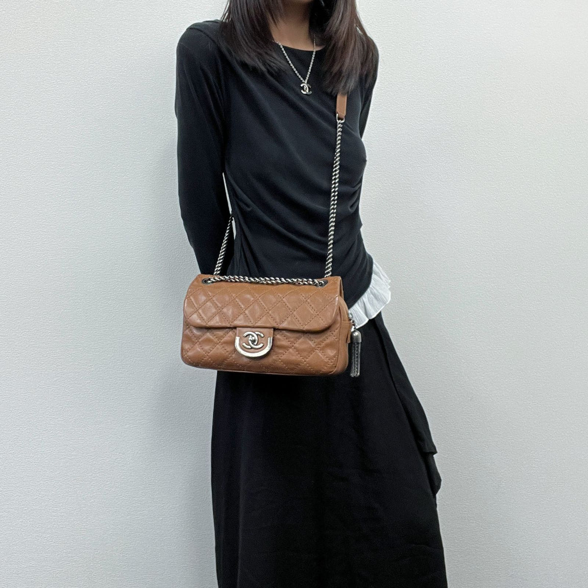 Chanel Quilted Wild Stitch CC Logo Tassel Chain Shoulder Bag Leather Camel — view 2