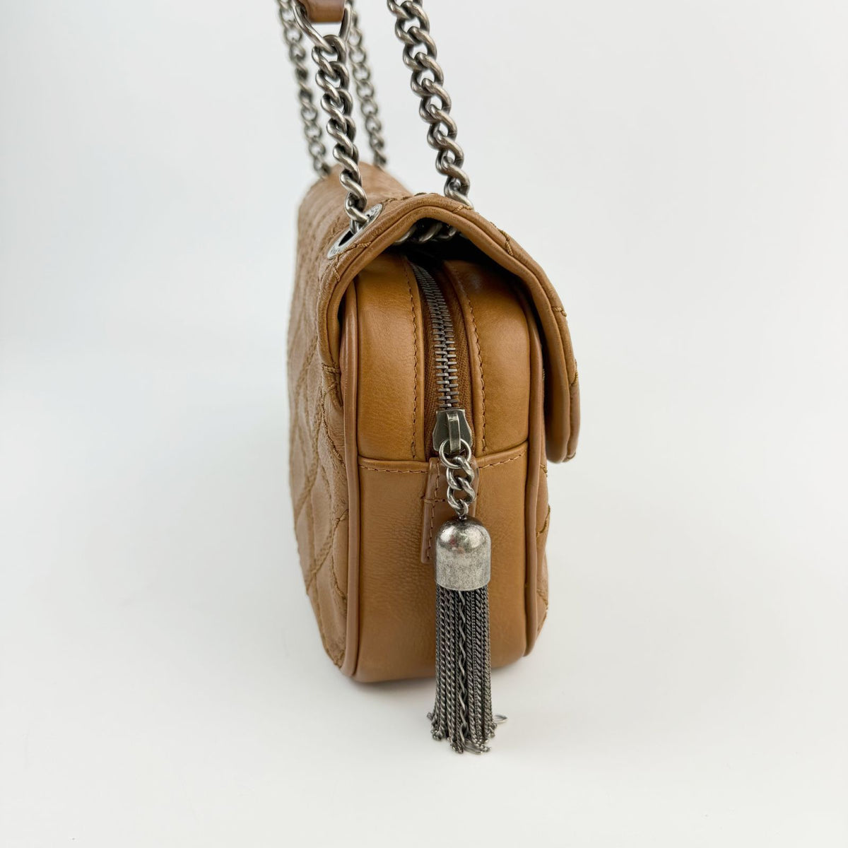 Chanel Quilted Wild Stitch CC Logo Tassel Chain Shoulder Bag Leather Camel — view 6