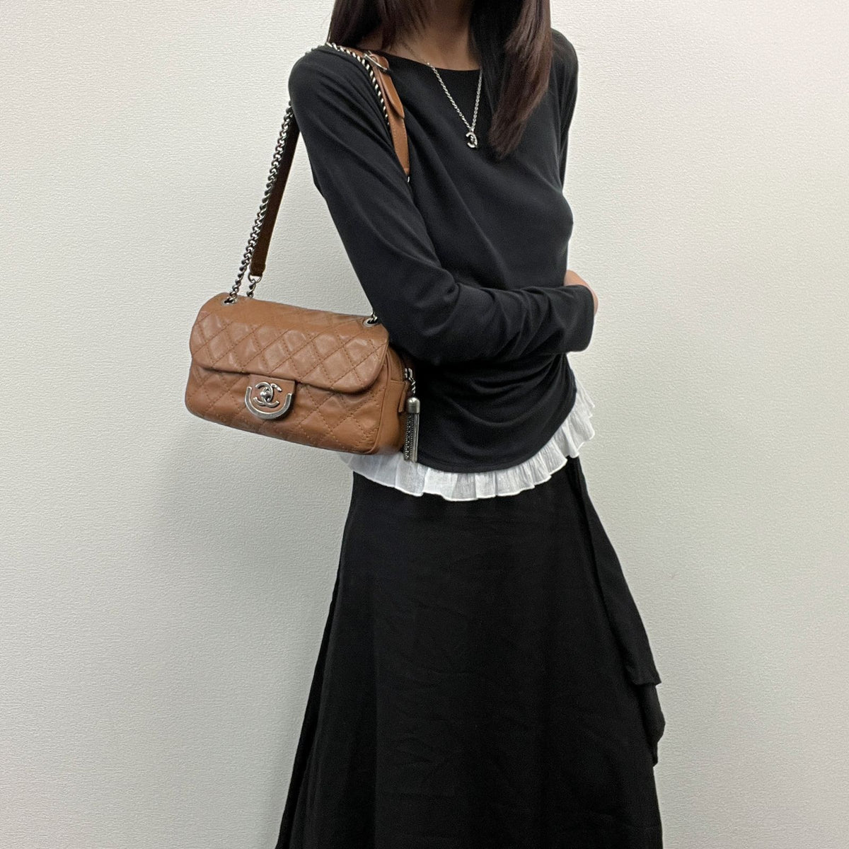 Chanel Quilted Wild Stitch CC Logo Tassel Chain Shoulder Bag Leather Camel