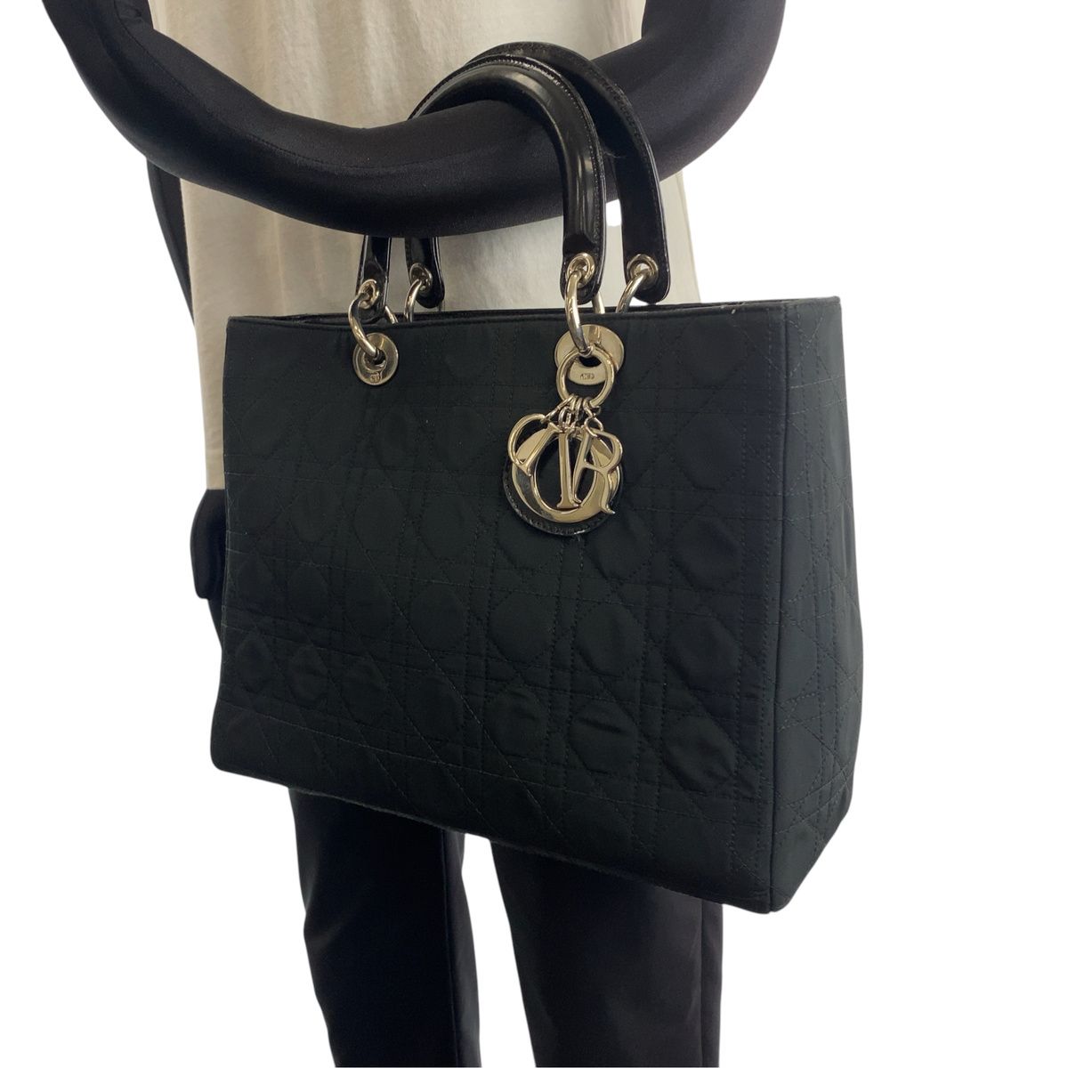 Dior Vintage Cannage Lady Dior Black Canvas Patent Handbag — view 3