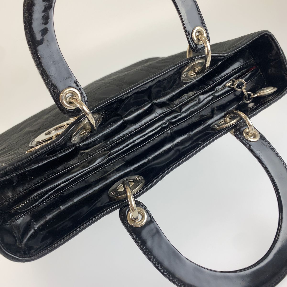 Dior Vintage Cannage Lady Dior Black Canvas Patent Handbag — view 6
