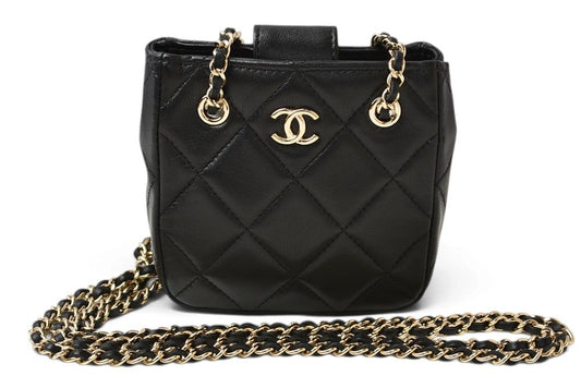 Chanel Chain Shoulder Bag Pochette Quilted Lambskin Black Gold