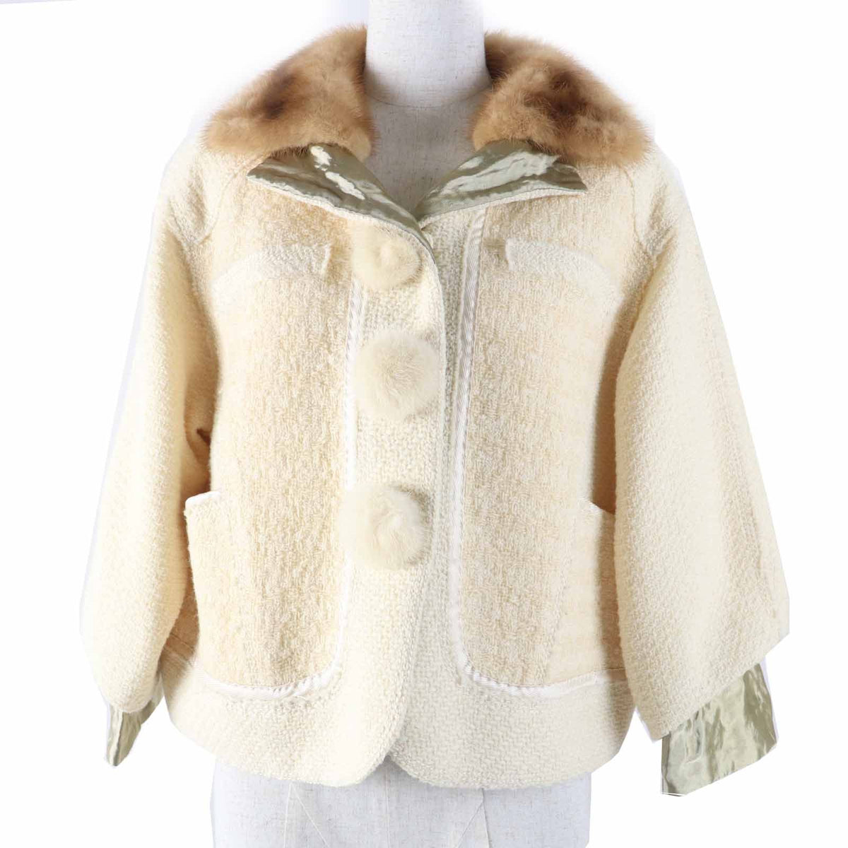 Louis Vuitton Wool 100% Lining Silk Collar Button Mink Jacket Ivory 36