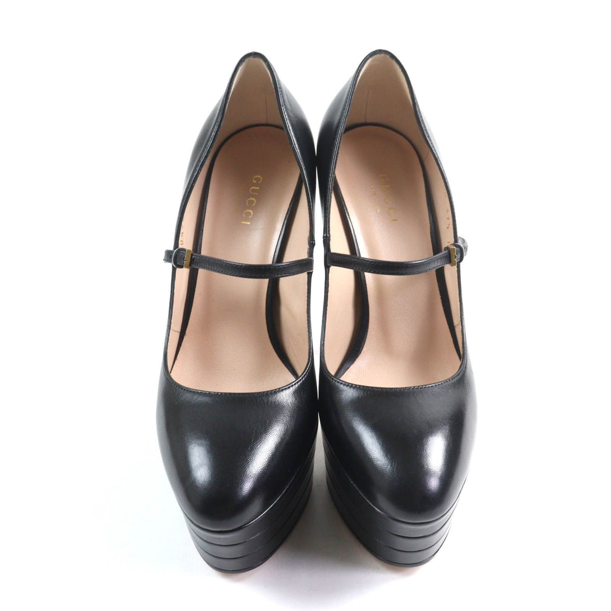 Gucci Belt Design Almond Toe Thick Sole Leather Pumps Black Heels — view 3
