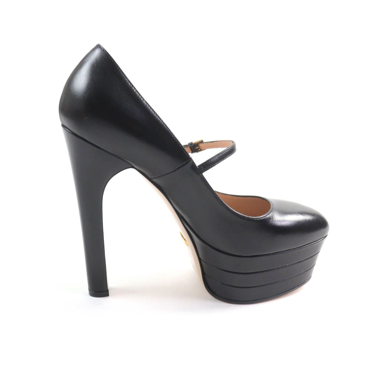Gucci Belt Design Almond Toe Thick Sole Leather Pumps Black Heels — view 5