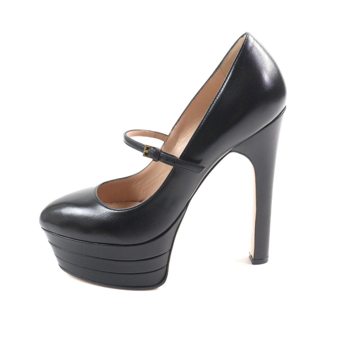 Gucci Belt Design Almond Toe Thick Sole Leather Pumps Black Heels — view 4
