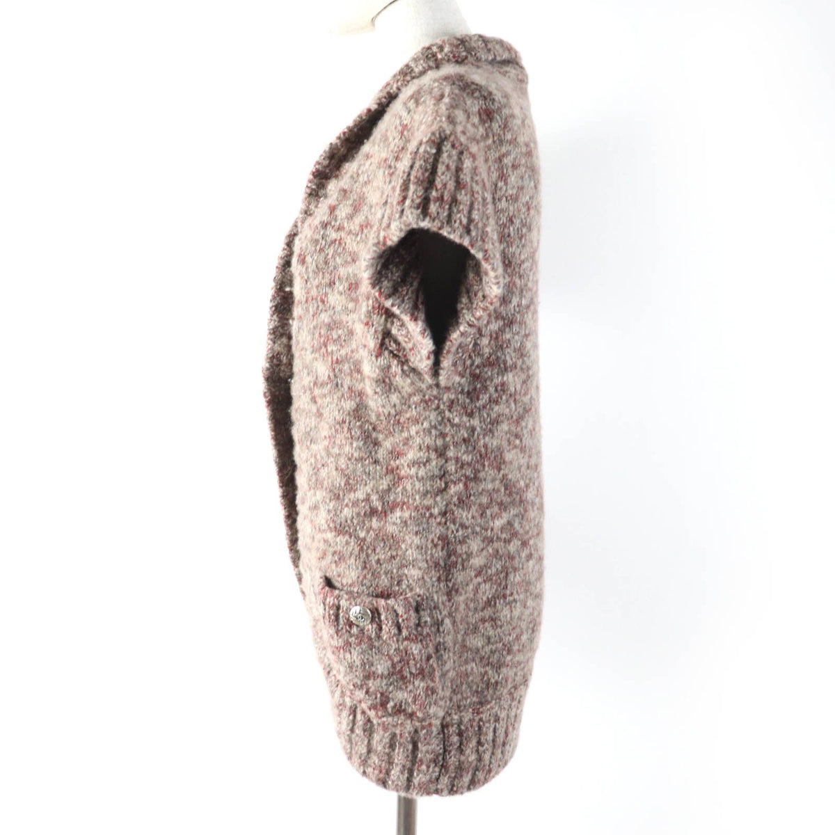 Chanel Cashmere Alpaca Blend CC Logo Button Mixed Knit Cardigan Red 34 — view 2