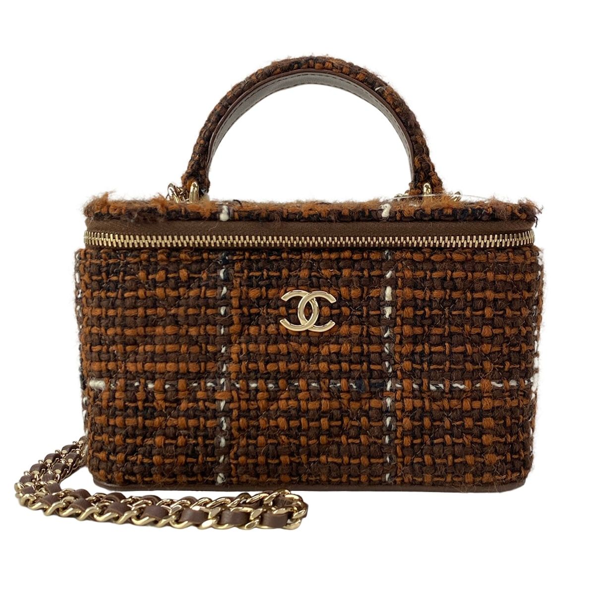 Chanel Vanity Bag Quilted Brown Dark White 2-Way Chain Shoulder Gold