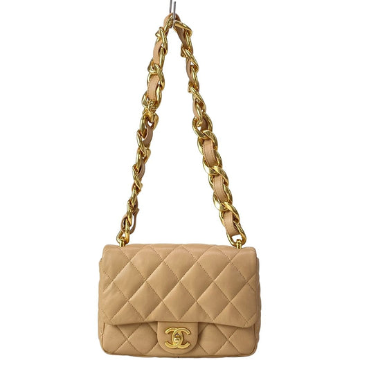Chanel Shoulder Bag Mini Quilted Beige Gold Chain Lambskin