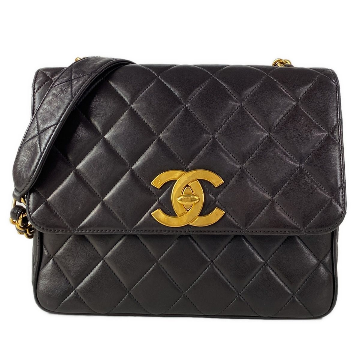Chanel Shoulder Bag Quilted Black Chain Gold Lambskin