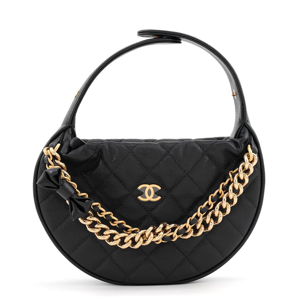 Chanel Handbag Double Chain Bow Hobo Pouch Quilted CC Logo Ribbon Caviar