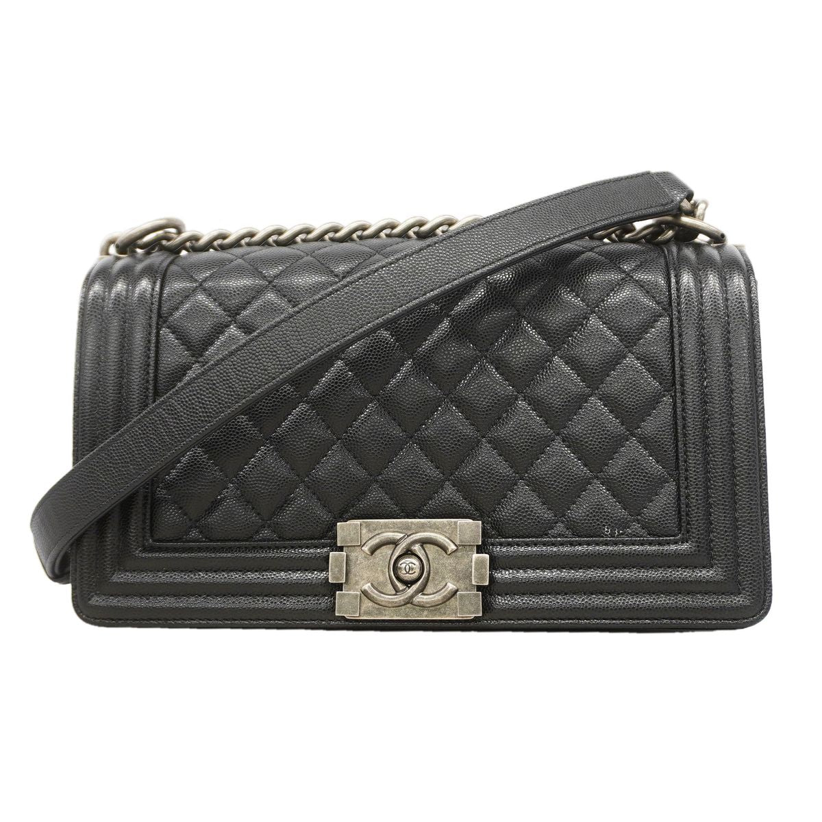 Chanel Shoulder Bag Boy Caviar Leather Black Silver