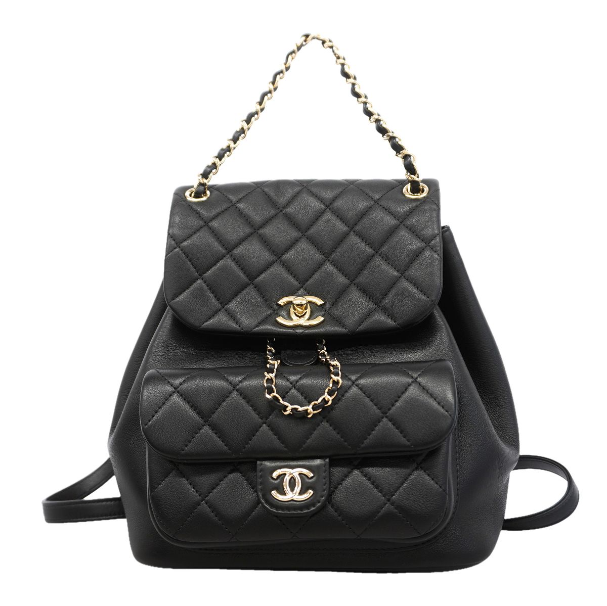 Chanel Backpack Quilted Lambskin Black Champagne Gold