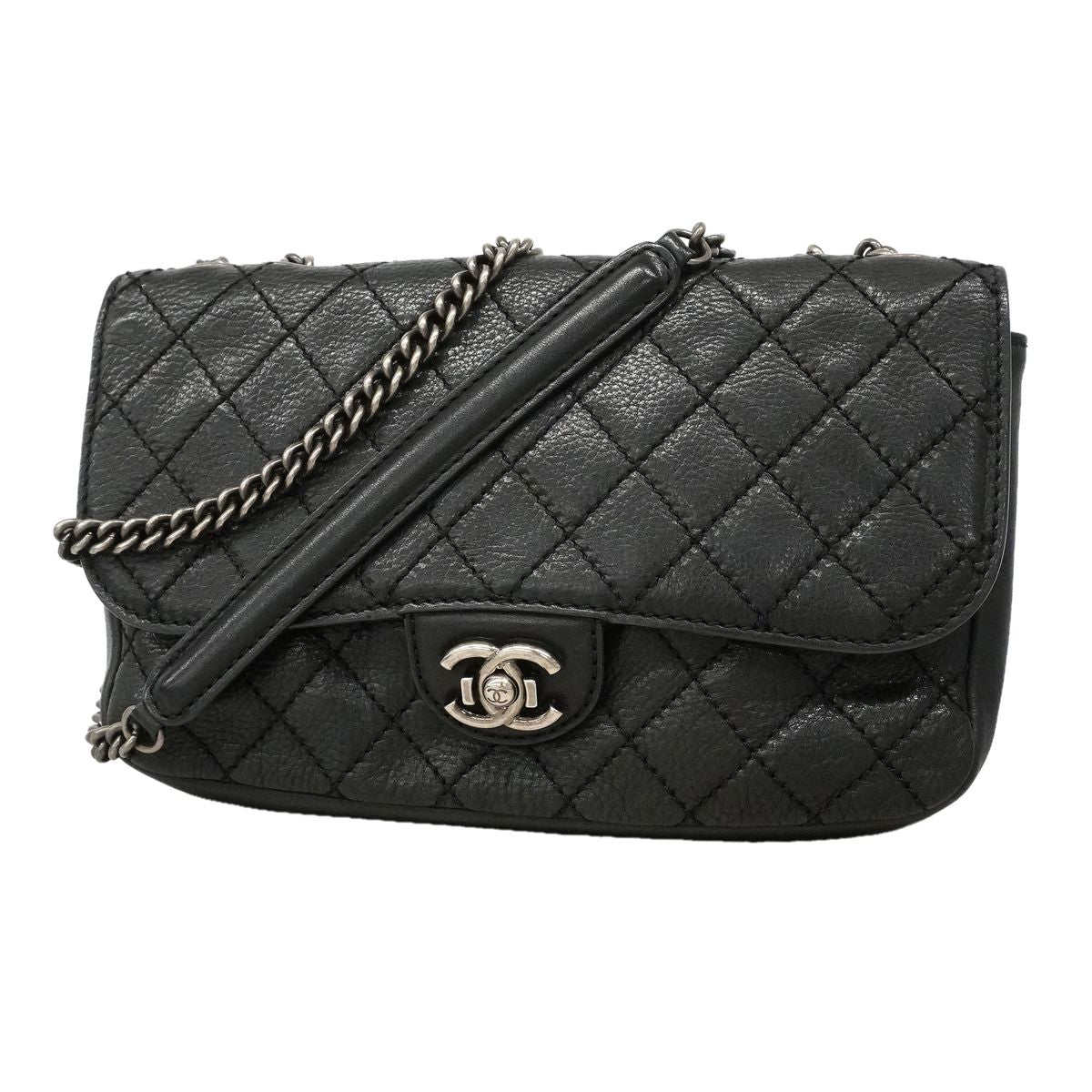 Chanel Shoulder Bag Quilted Leather Black Silver