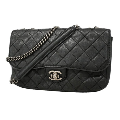 Chanel Shoulder Bag Quilted Leather Black Silver