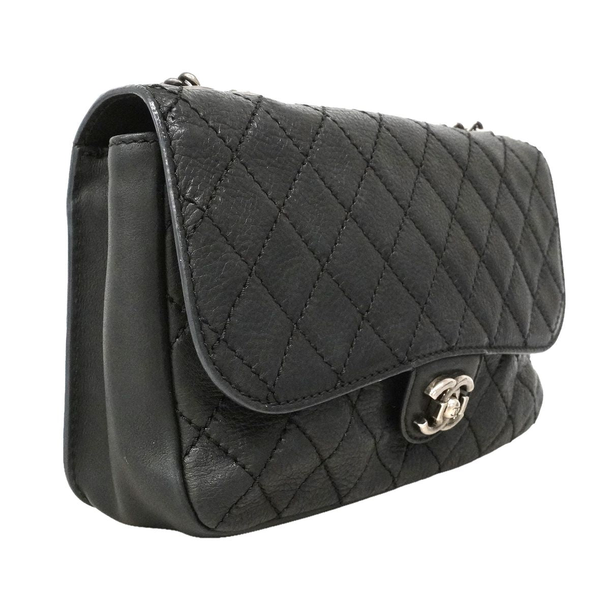 Chanel Shoulder Bag Quilted Leather Black Silver — view 2