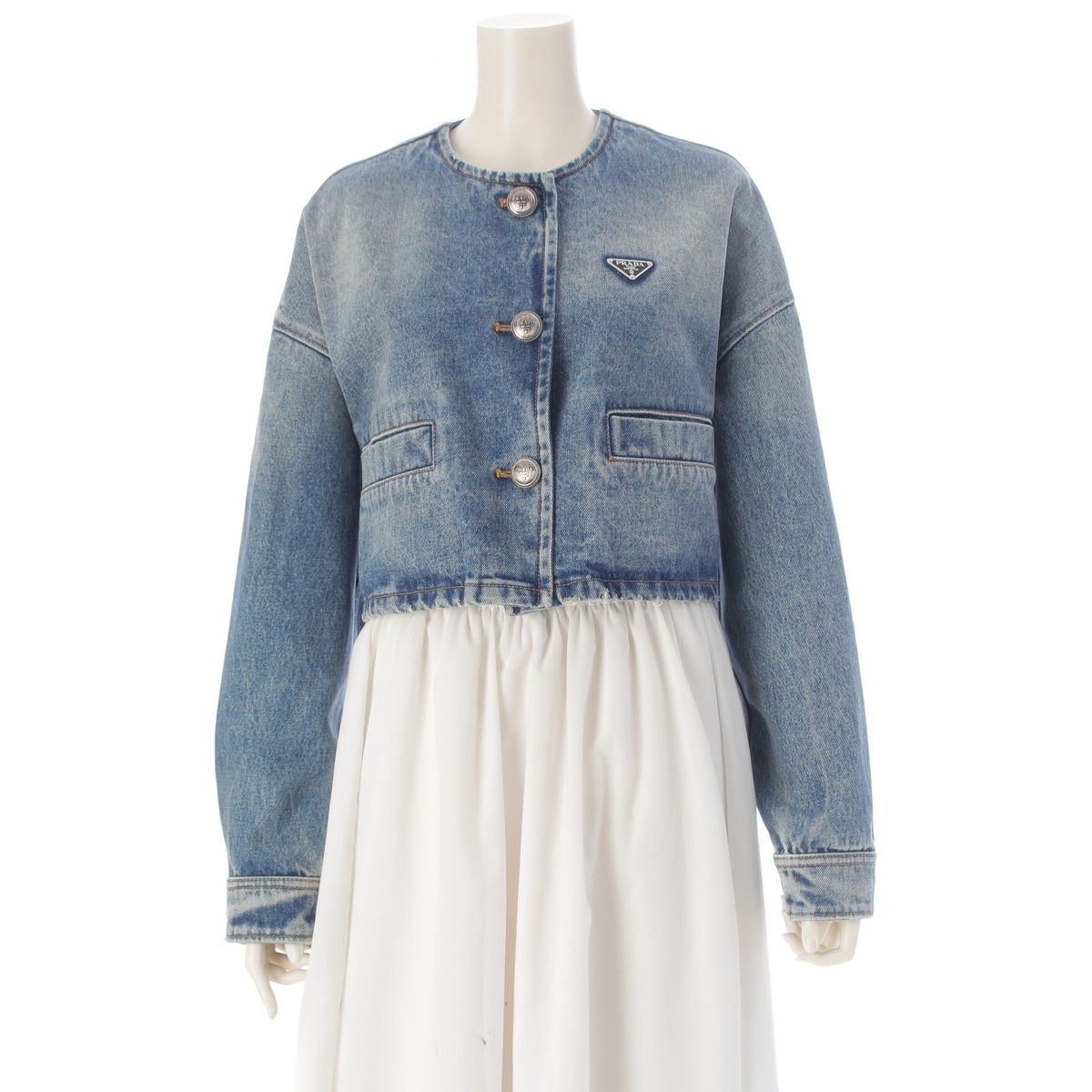 Prada Denim Triangle Logo Collarless Cropped Wash Tailored Jacket Ice Blue 36