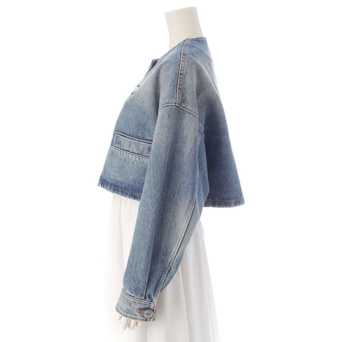 Prada Denim Triangle Logo Collarless Cropped Wash Tailored Jacket Ice Blue 36 — view 3