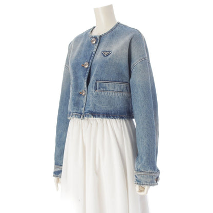 Prada Denim Triangle Logo Collarless Cropped Wash Tailored Jacket Ice Blue 36 — view 2