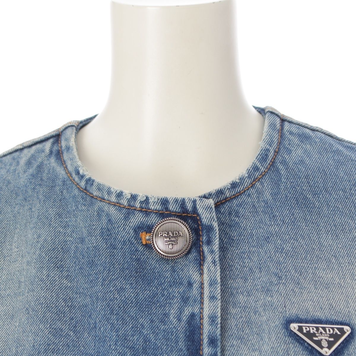 Prada Denim Triangle Logo Collarless Cropped Wash Tailored Jacket Ice Blue 36 — view 5