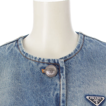 Prada Denim Triangle Logo Collarless Cropped Wash Tailored Jacket Ice Blue 36 — view 5