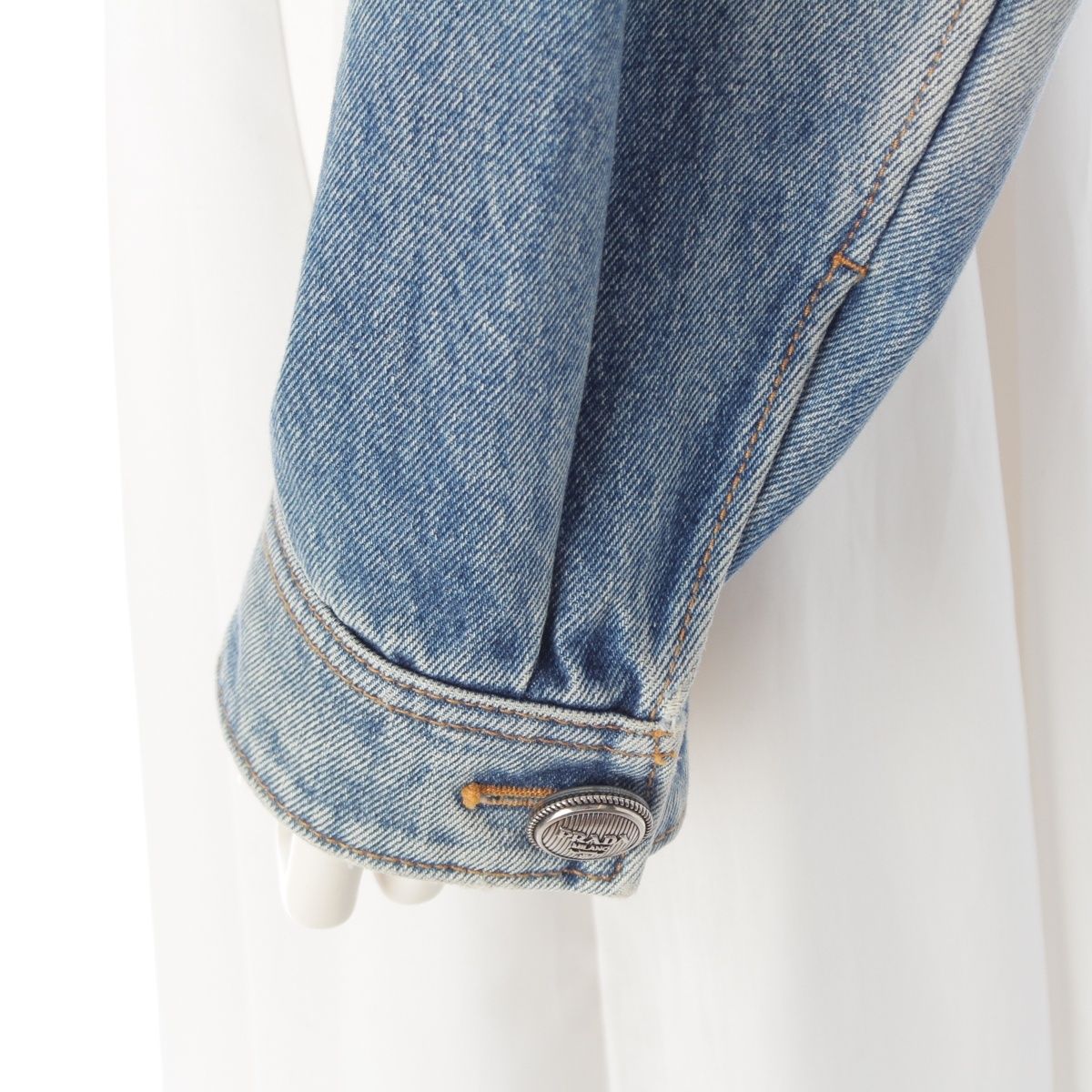 Prada Denim Triangle Logo Collarless Cropped Wash Tailored Jacket Ice Blue 36 — view 7