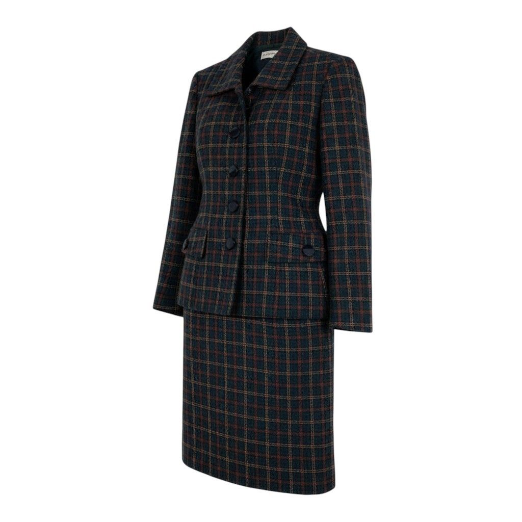 Saint Laurent Yvesaint Set Plaid Tailored Jacket Skirt Green 36
