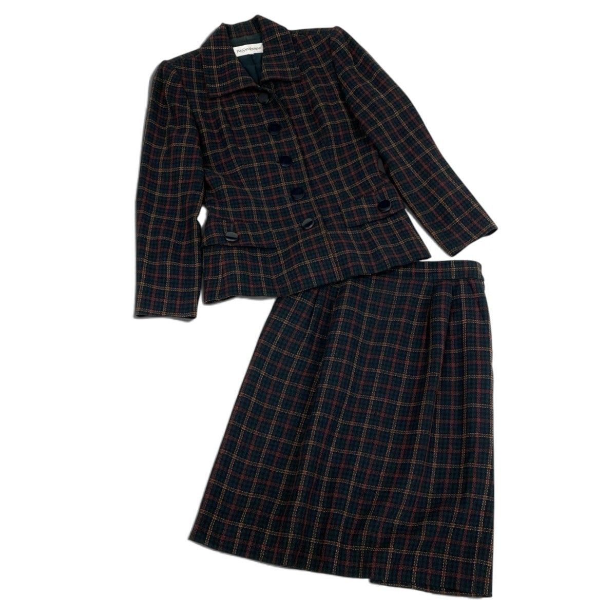 Saint Laurent Yvesaint Set Plaid Tailored Jacket Skirt Green 36 — view 2