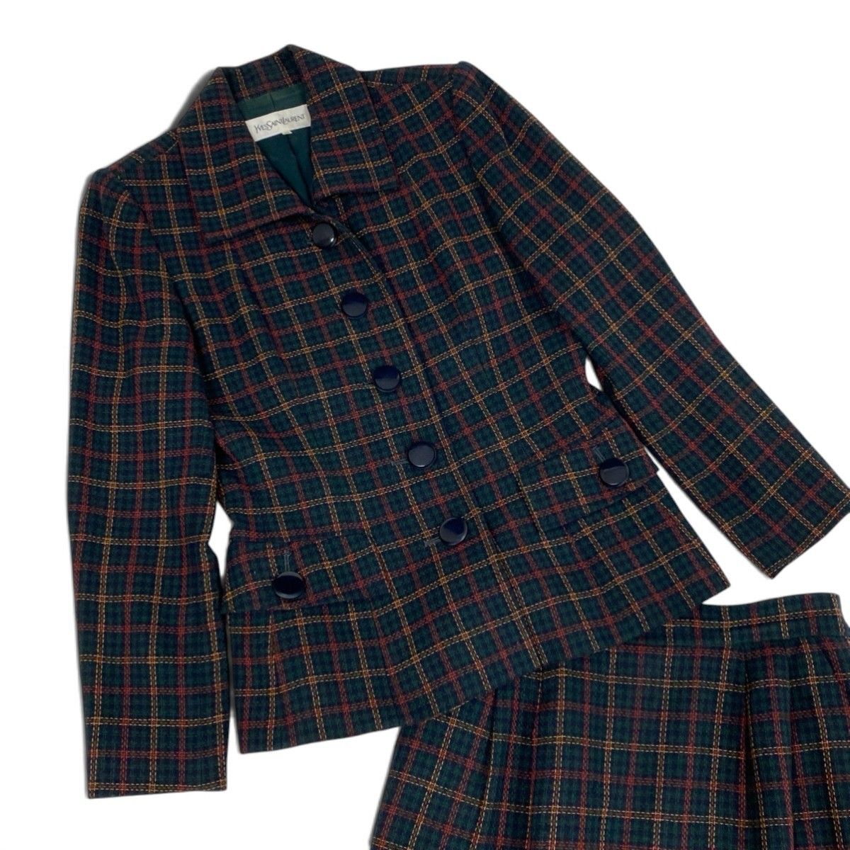 Saint Laurent Yvesaint Set Plaid Tailored Jacket Skirt Green 36 — view 3