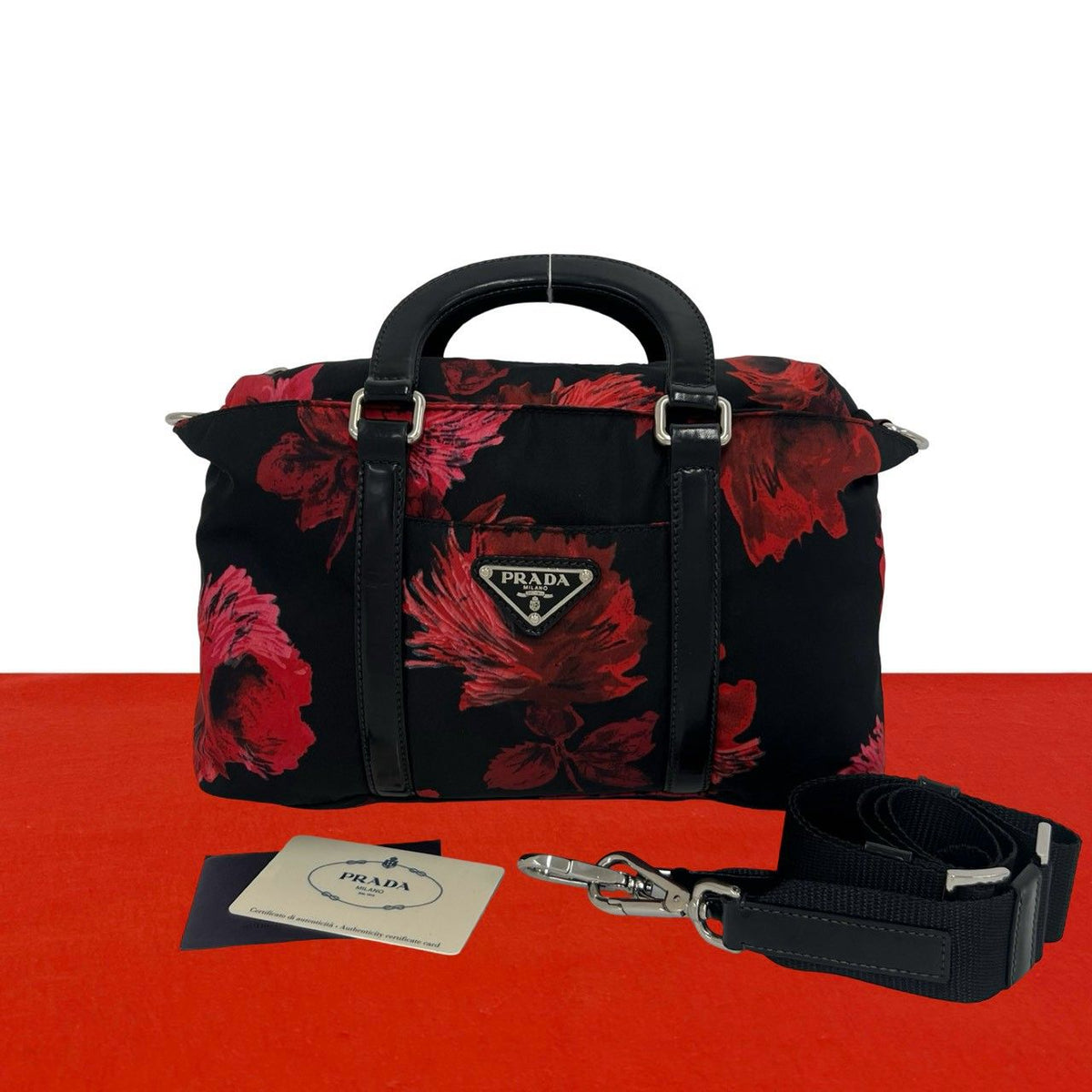 Prada Triangle Logo Nylon Leather 2-Way Mini Shoulder Bag Red Black