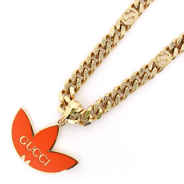 Gucci Adidas Trefoil Pendant Golmette Chain Necklace Orange Gold Rank