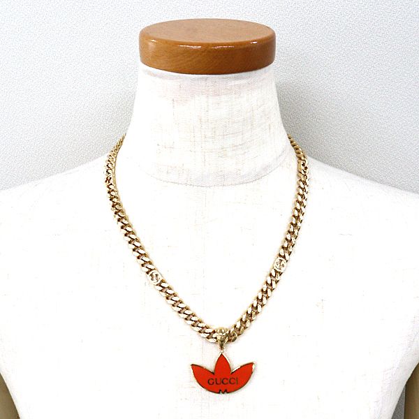Gucci Adidas Trefoil Pendant Golmette Chain Necklace Orange Gold Rank — view 6