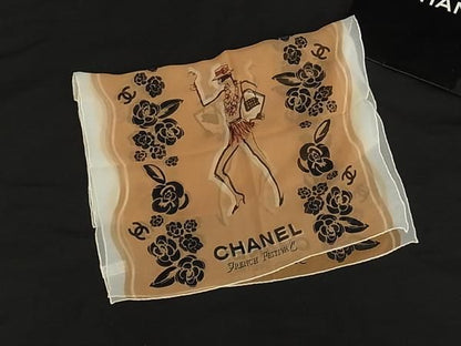 Chanel CC Logo Camellia Silk 100% Shawl White Multicolor Scarf