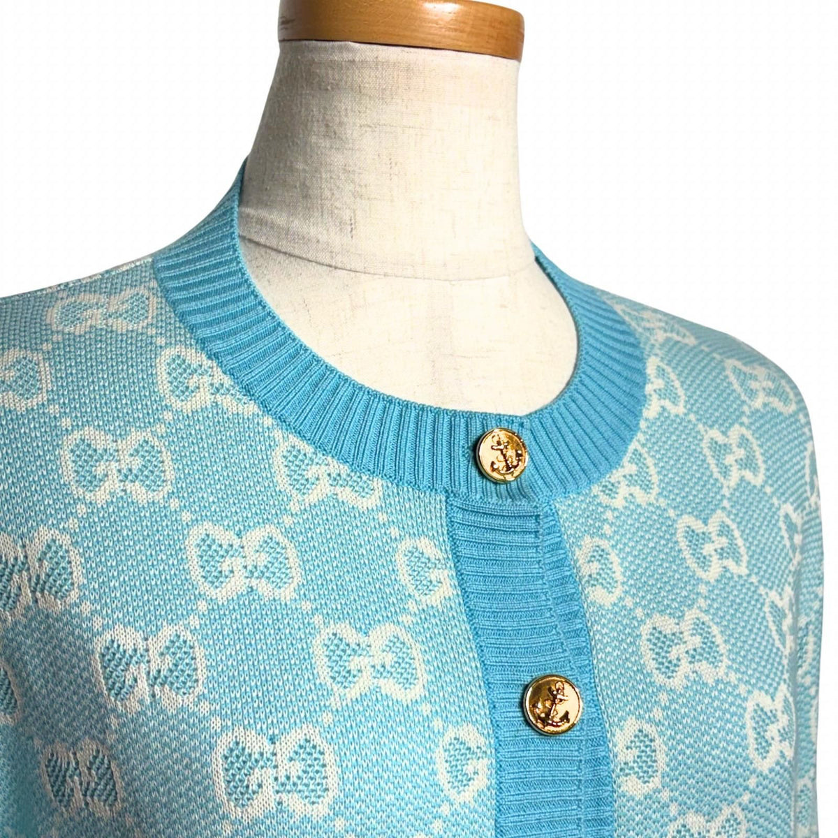 Gucci GG Pattern Knit Cardigan Light Blue Wool Cotton M — view 4