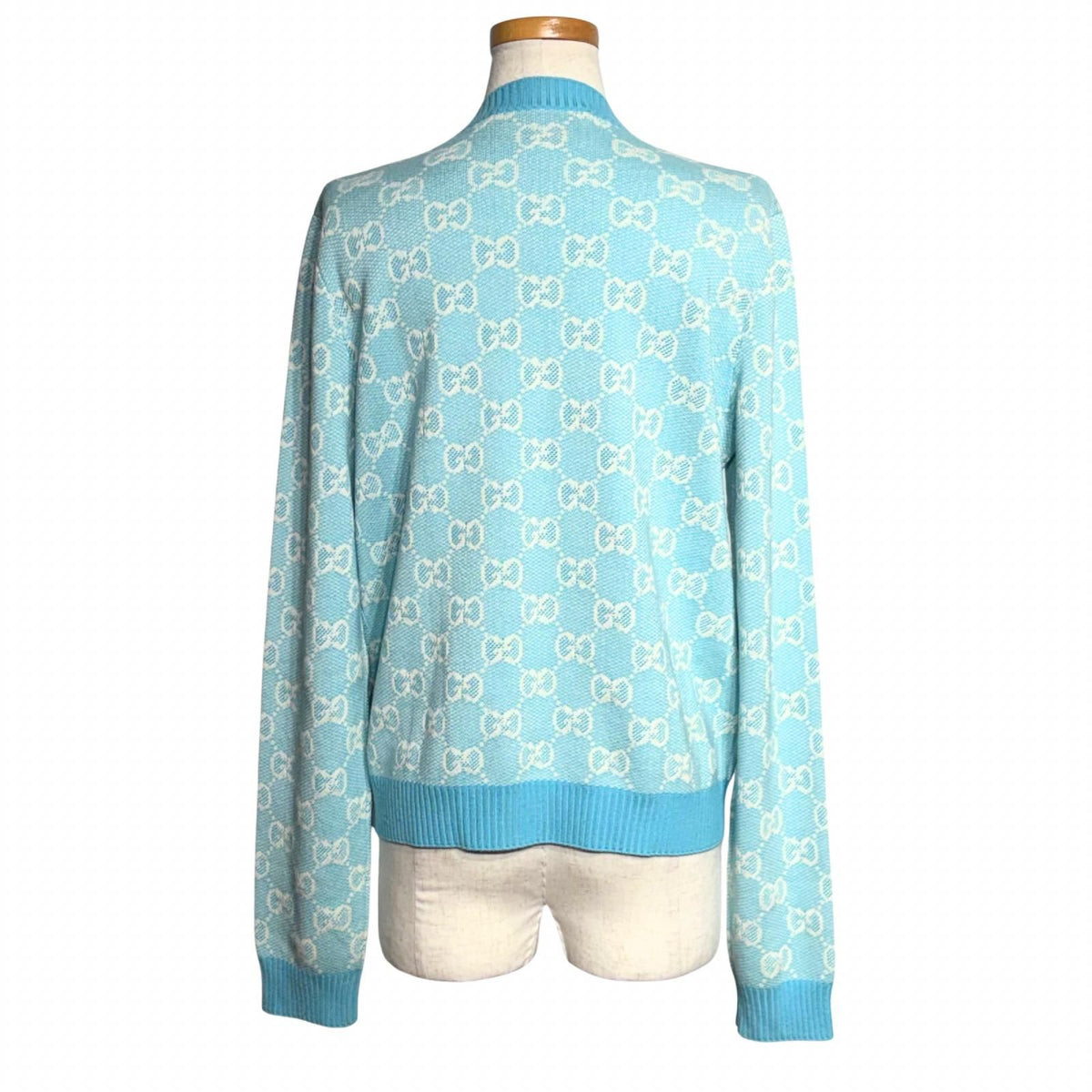 Gucci GG Pattern Knit Cardigan Light Blue Wool Cotton M — view 3