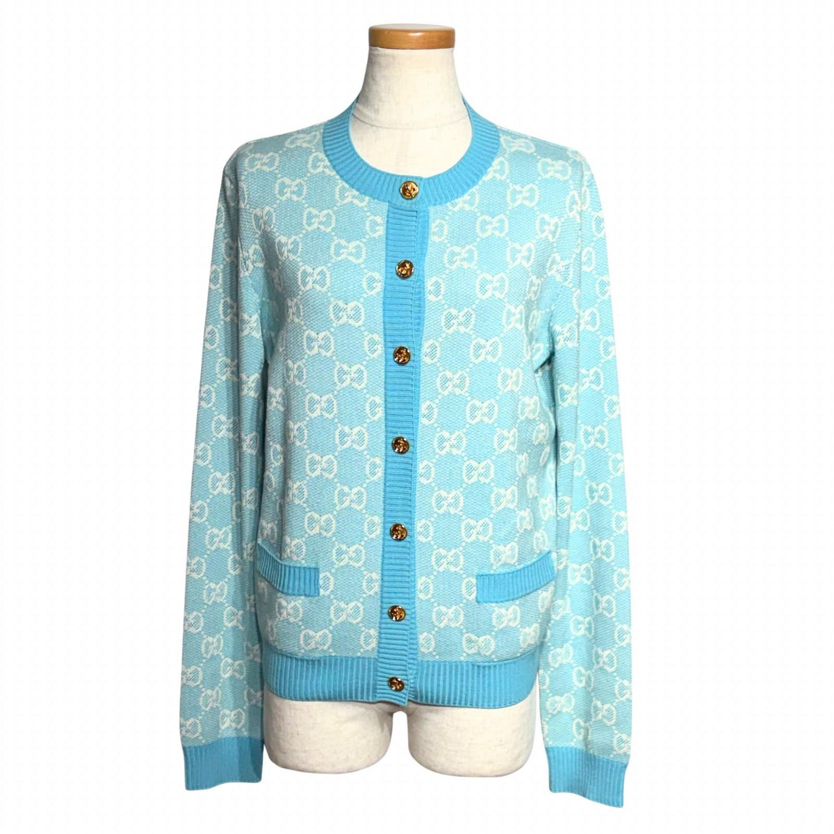 Gucci GG Pattern Knit Cardigan Light Blue Wool Cotton M