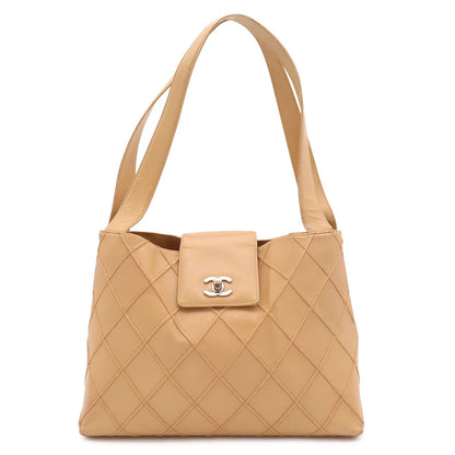 Chanel Flap Wild Stitch CC Logo Turnlock Handbag Leather Beige Silver
