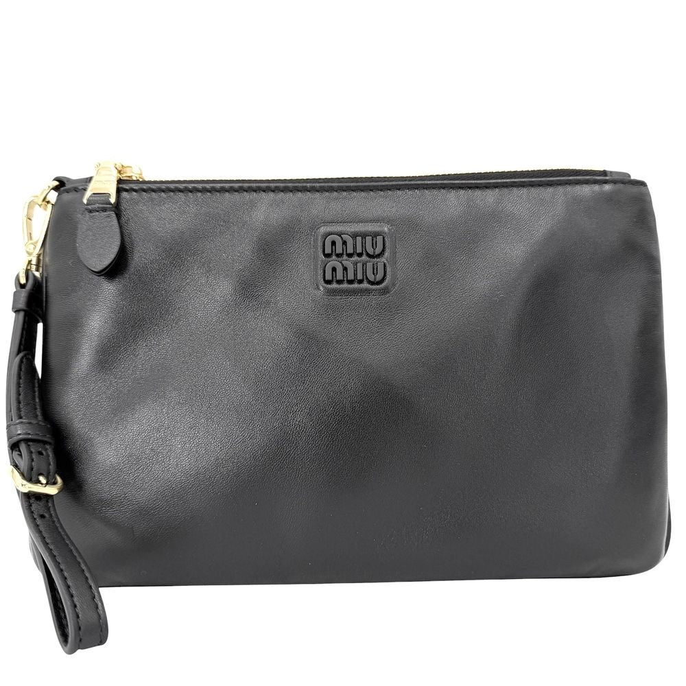 Miu Miu Pouch Clutch Logo Leather Black Gold