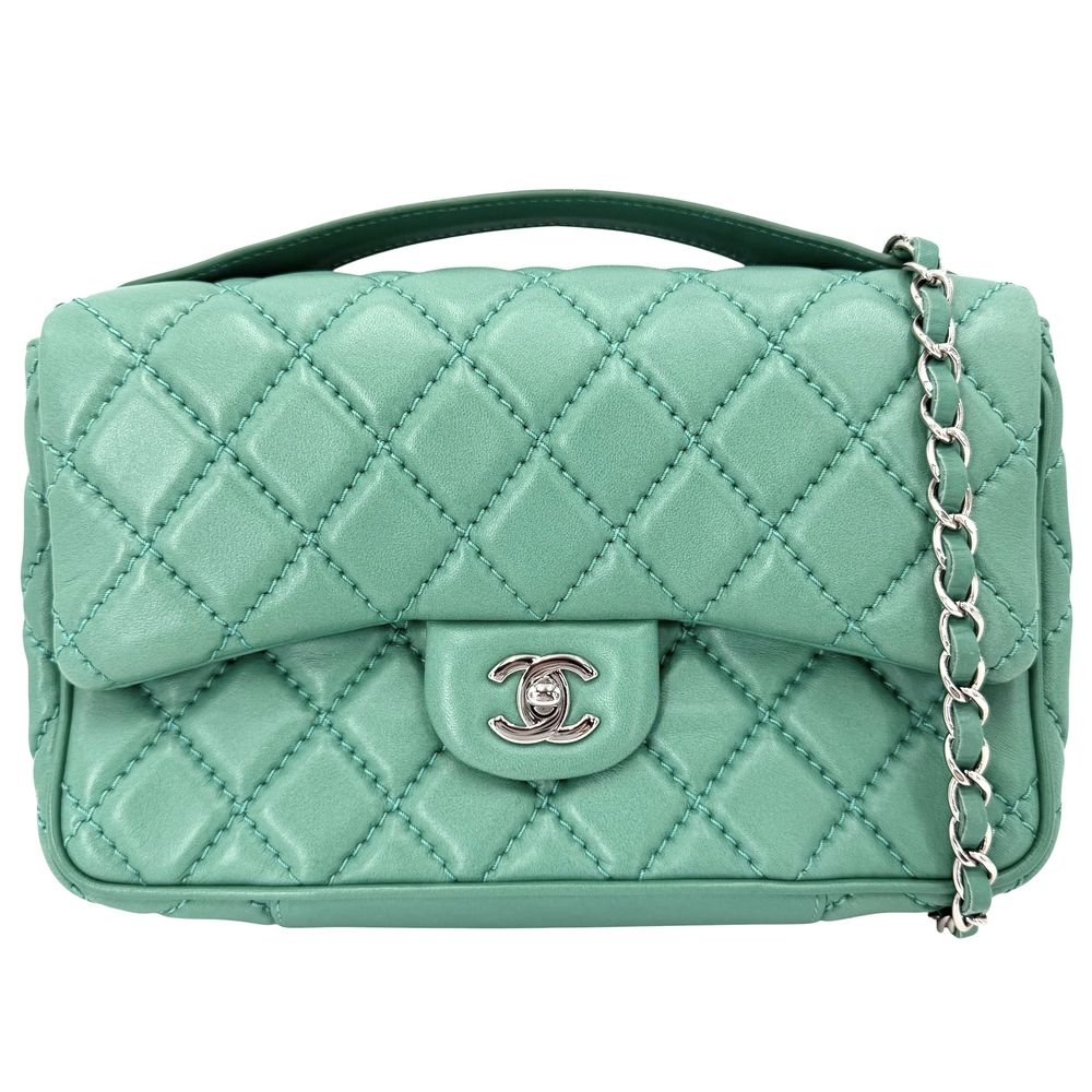 Chanel 2-Way Quilted Shoulder Bag CC Logo Crossbody Leather Green Silver