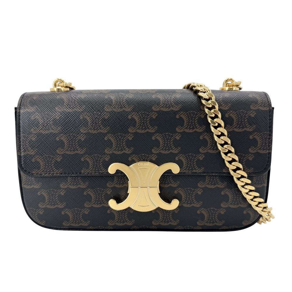 Celine Shoulder Bag Triomphe Chain Leather Brown Gold