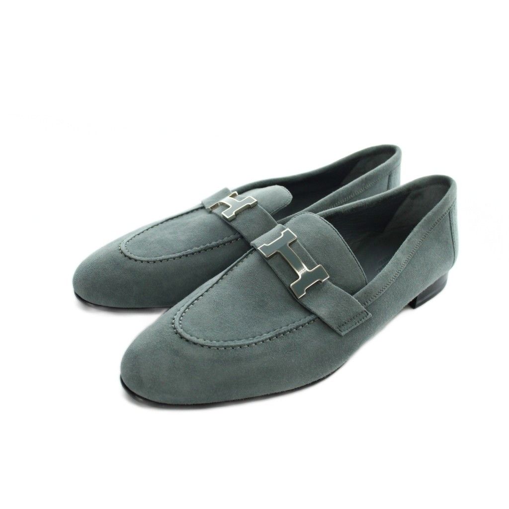 Hermes Pumps H Logo Suede Round Toe Green Heels