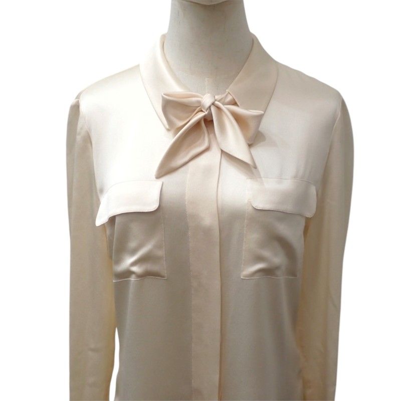 Chanel Vintage Bow Tie Blouse Silk Ivory Ribbon 38