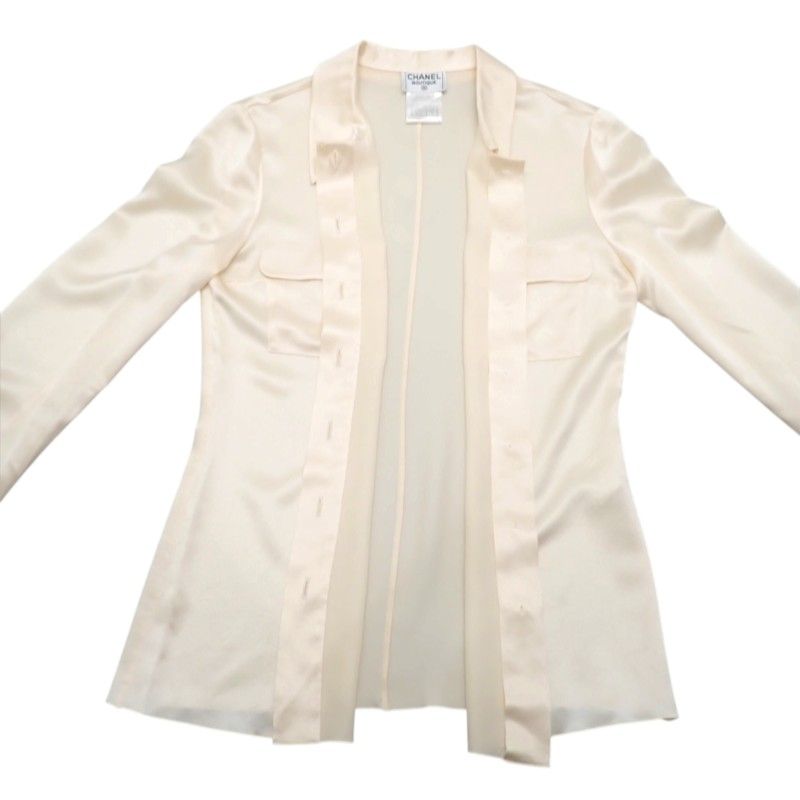 Chanel Vintage Bow Tie Blouse Silk Ivory Ribbon 38 — view 6