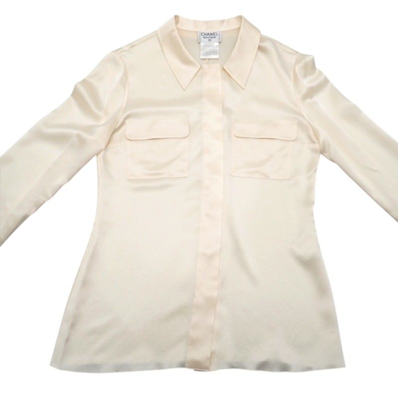 Chanel Vintage Bow Tie Blouse Silk Ivory Ribbon 38 — view 5