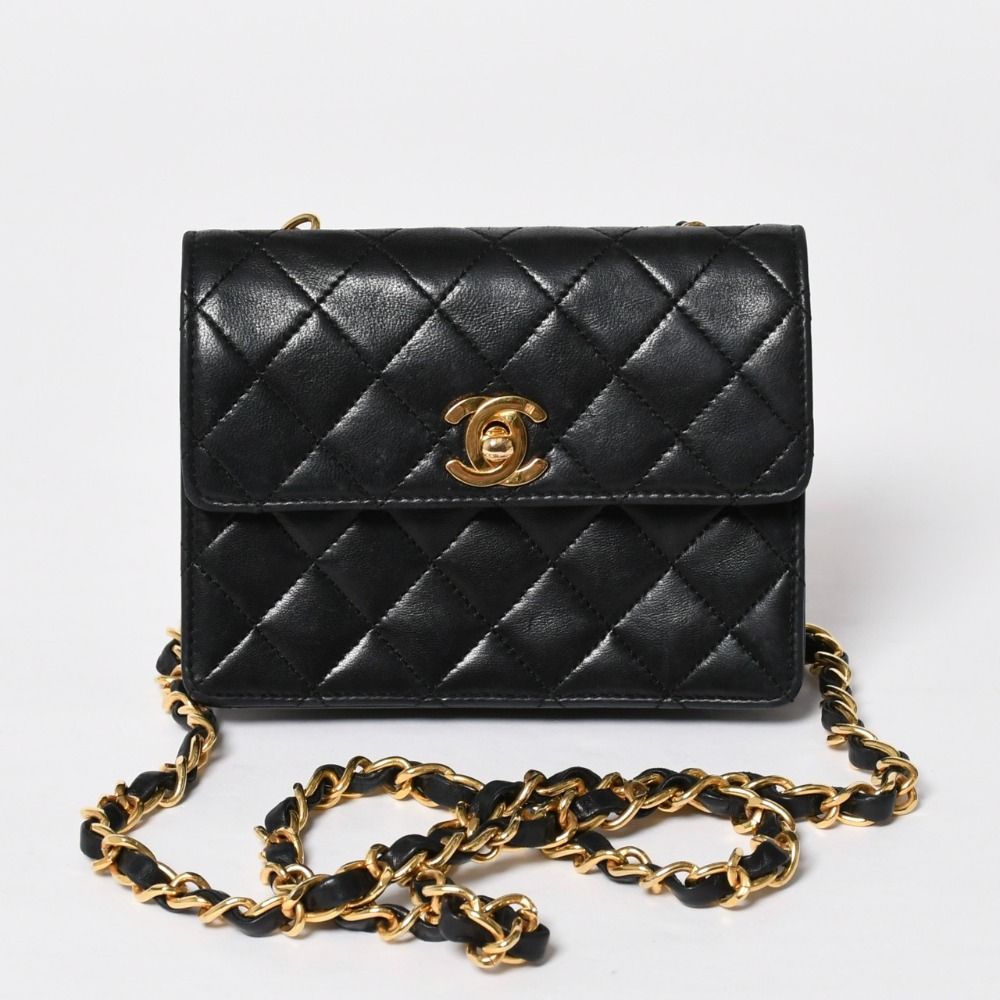 Chanel Mini Quilted 14 Shoulder Bag Lambskin Black Gold