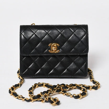 Chanel Mini Quilted 14 Shoulder Bag Lambskin Black Gold