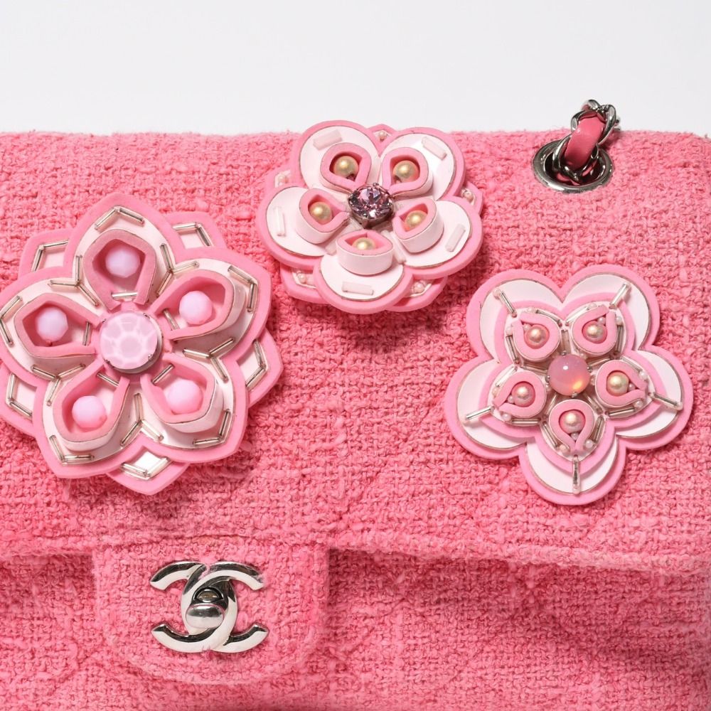 Chanel Double Flap Chain Shoulder Bag 25 CC Logo Cherry Blossom Flower Tweed — view 7