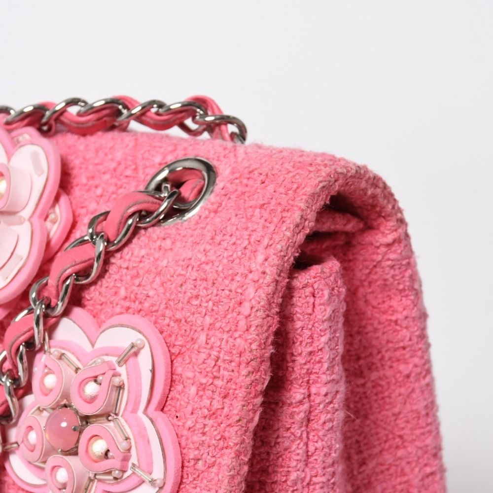Chanel Double Flap Chain Shoulder Bag 25 CC Logo Cherry Blossom Flower Tweed — view 6