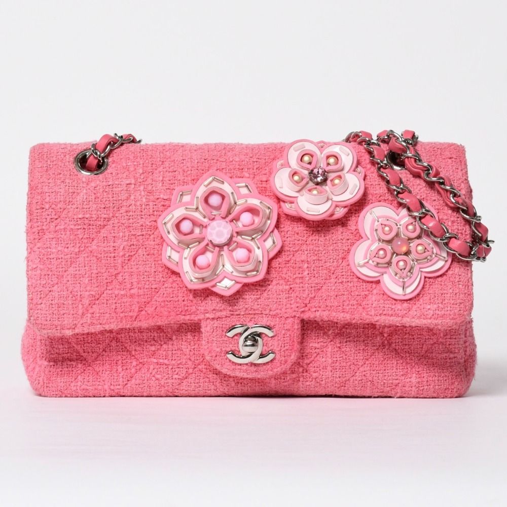 Chanel Double Flap Chain Shoulder Bag 25 CC Logo Cherry Blossom Flower Tweed