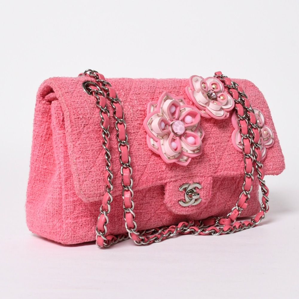 Chanel Double Flap Chain Shoulder Bag 25 CC Logo Cherry Blossom Flower Tweed — view 3